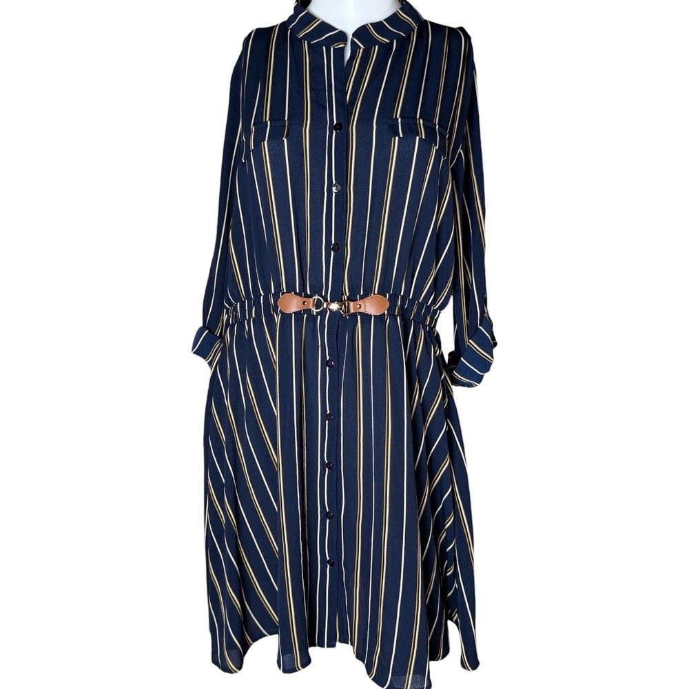 Always Indigo Shirt Dress Navy Blue Striped Womens 1X Belted Roll Tab Sleeve
